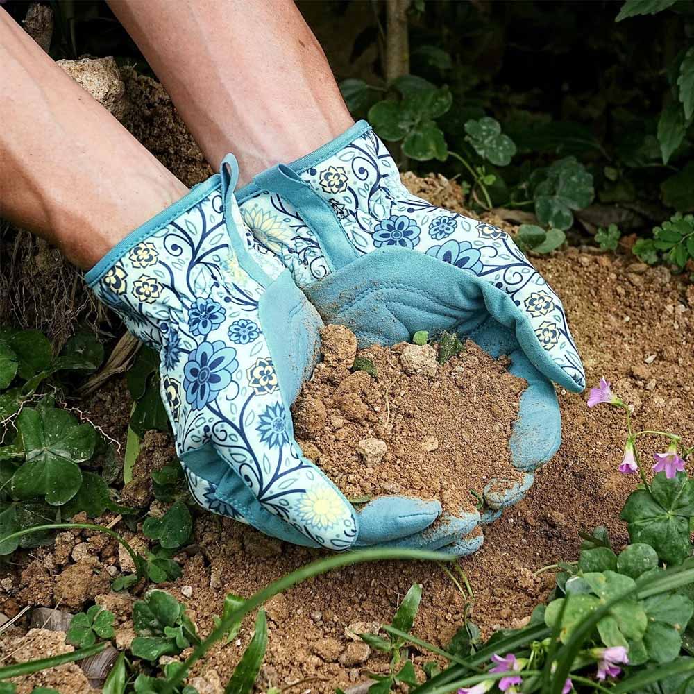 Wholesale Stylish Blue Floral Pattern Garden Gloves Women Protective Work Gloves With Durable Palm for Indoor & Outdoor Planting